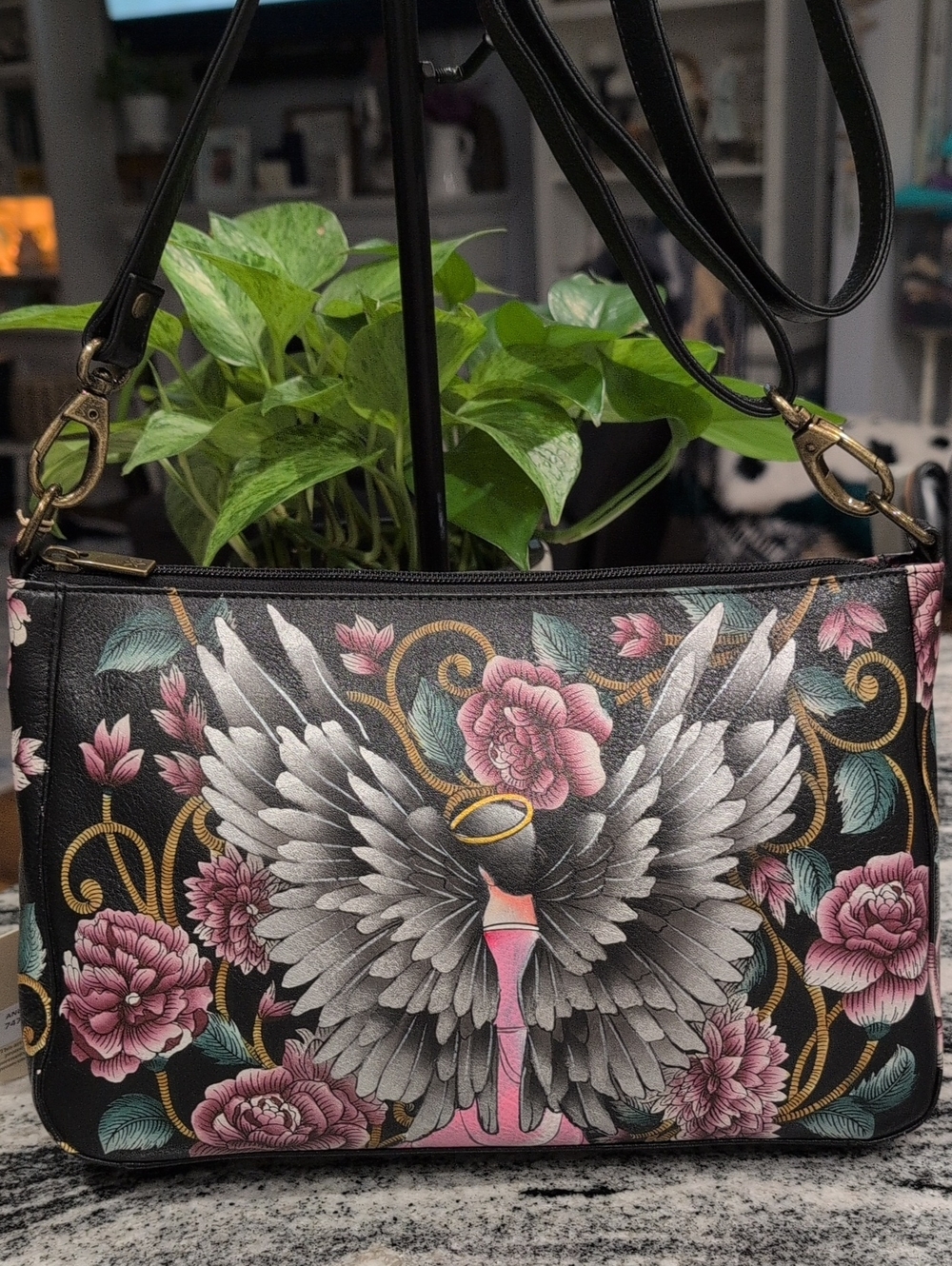 Anuschka Hand-painted Crossbody with Floral & Angel Wings Motif